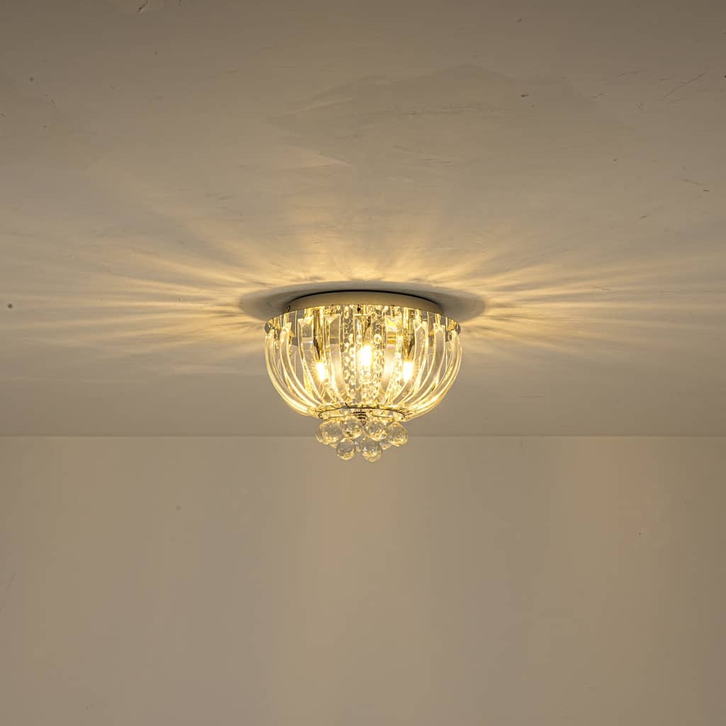3-Light Transitional Metal & Crystal Flush Mount with Sparkling Clear Crystal Shade for Living Room - 11.8 in. W x 8 in. H
