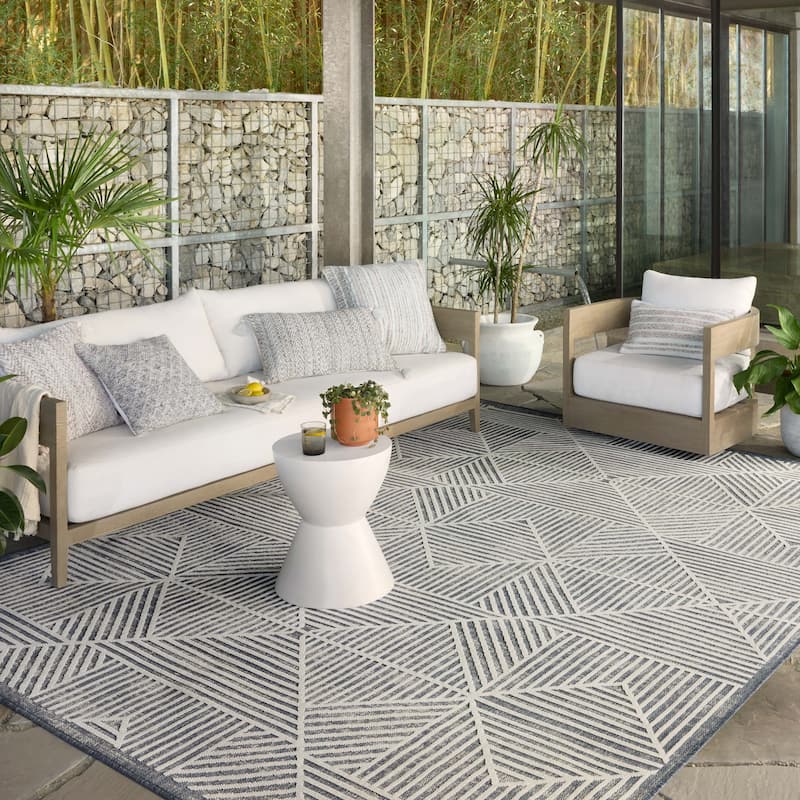 Alexander Home Renee Geometric Modern Indoor / Outdoor Rug - 11'-6" x 15' - Denim / Ivory