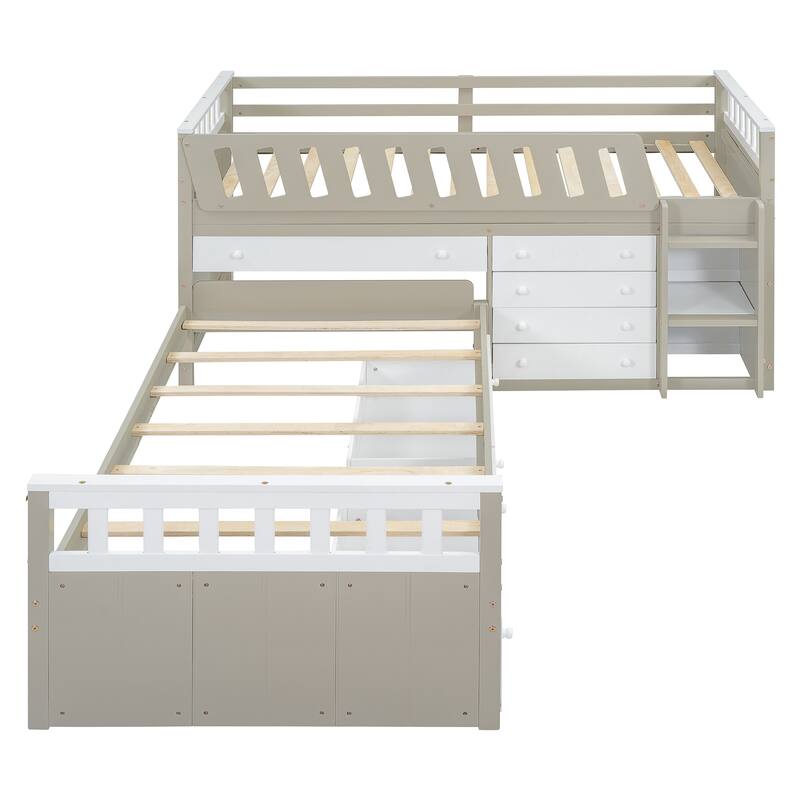 Twin Size Solid Wood L-shaped Loft Bed and Twin Platform Bed with 7 Drawers and Full Guardrails