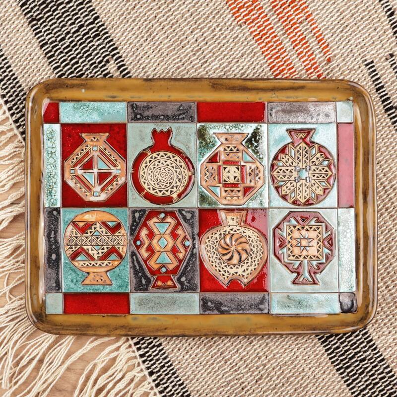 Novica Handmade Geometrical Omens Glazed Ceramic Platter