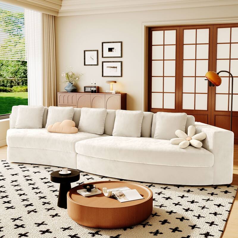 Jacquard Curved Sectional Sofa 2-Piece Modular Couches Set Chenille Upholstered Chaise Lounger with Pillows for Living Room