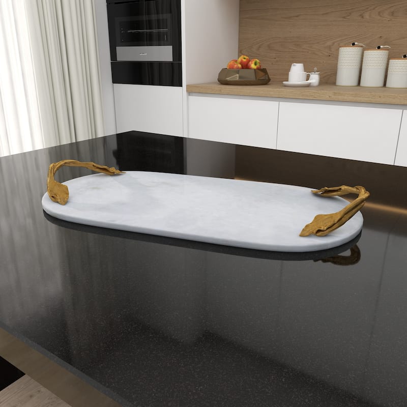 White Marble Oval or Rectangular Tray with Gold Twisted Leaf Handles