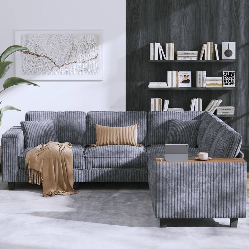 Christopher Knight Home - Jackson Oversized L-Shaped Corduroy Corner Couch with Armrest Storage - Gray