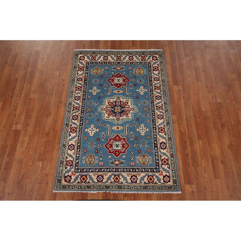 Blue Geometric Kazak Accent Rug Hand-Knotted Wool Carpet - 3'4" x 5'0"