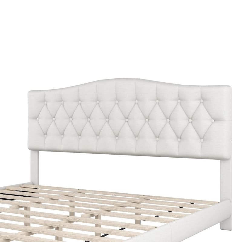 Upholstered Platform Bed with Saddle Curved Headboard and Diamond Tufted Details, Beige