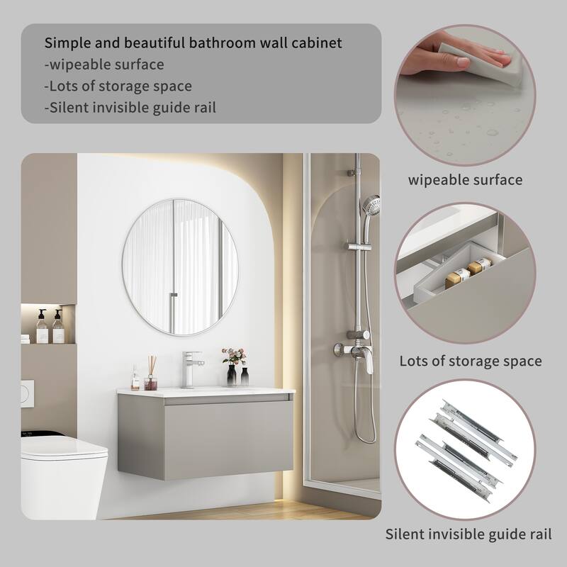 Wall-Mounted Bathroom Vanity, Floating Single Drawer Cabinet, 32 Inch Integrated Ceramic Sink