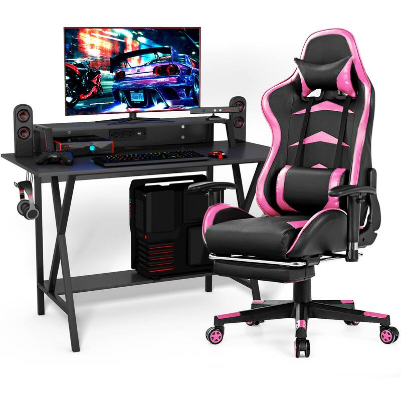 Gaming Desk& Massage Gaming Chair Set w/ Footrest Monitor Shelf