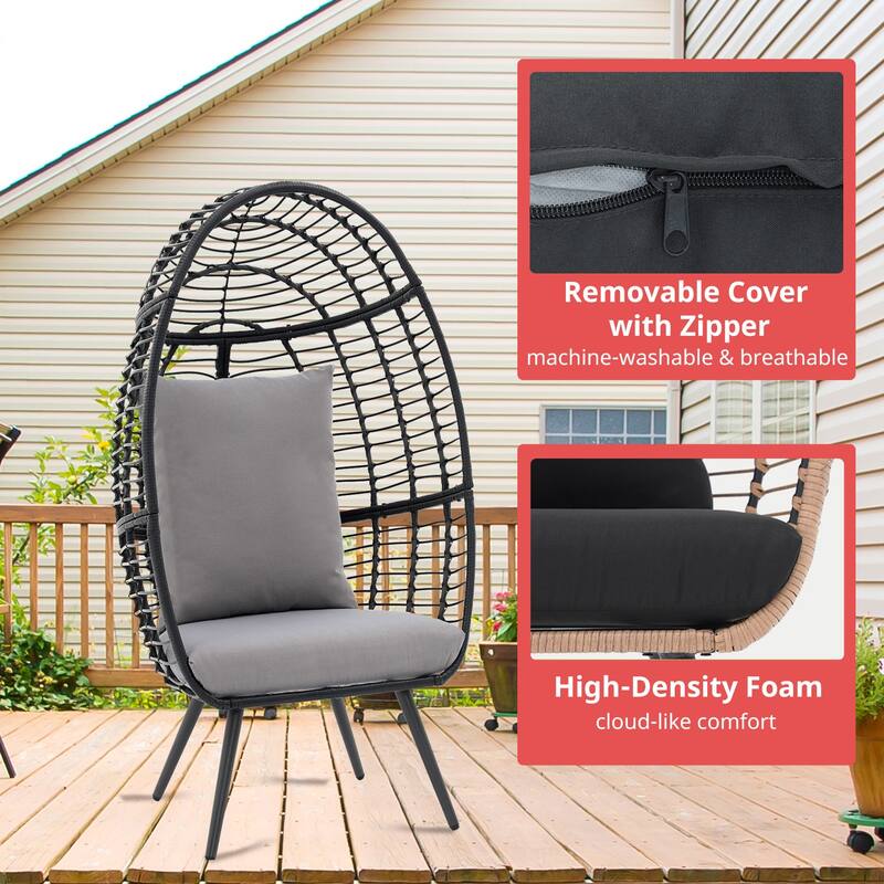 Outdoor 1-Person Wicker Rattan Egg Chair with Stand & Cushion for Porch, Bedroom