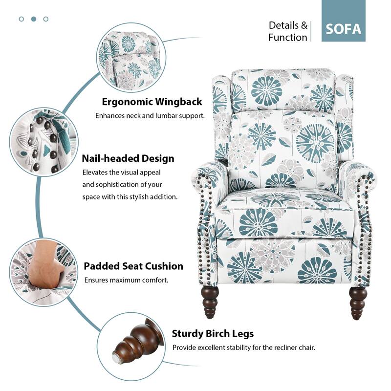 Wing Back Recliner Chair, 29.75" Upholstered Recliner Armchair with Solid Gourd-shaped Wooden Legs for Living Room, Bedroom