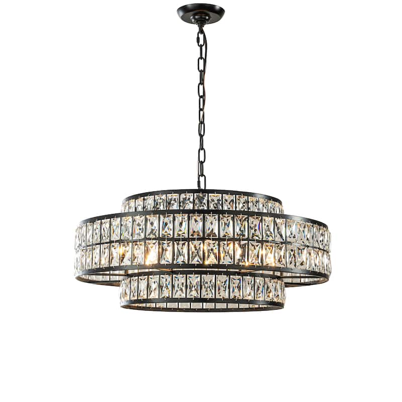 Modern Crystal Chandelier Matte Black Finish Tiered Drum Pendant Light for Small Spaces Dining Room Entryway - W28''