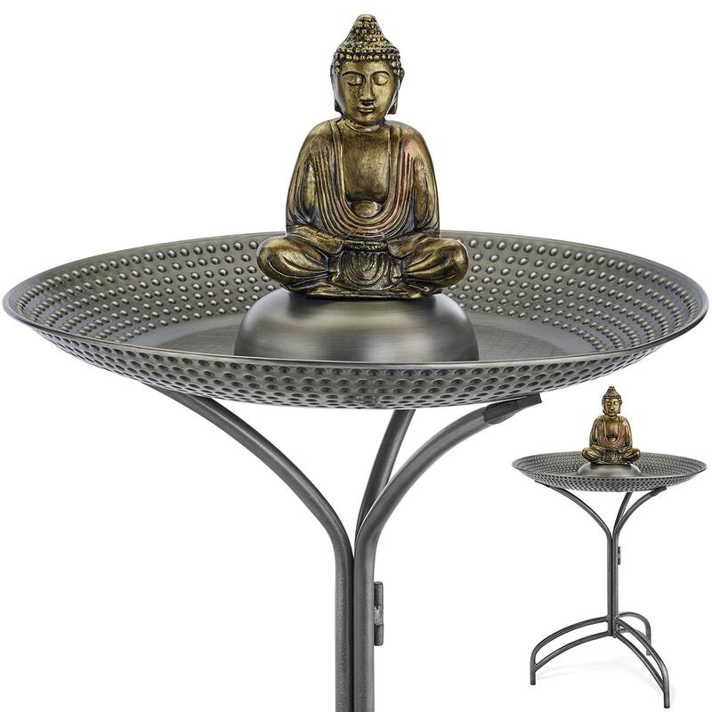 20" Pewter Copper Bird Bath with Buddha