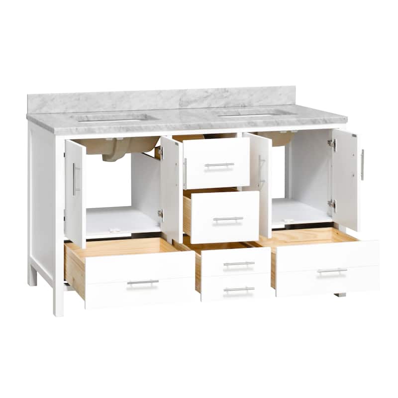 KitchenBathCollection California 60" Double Bathroom Vanity with Carrara Marble Top