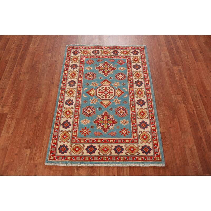 Light Blue Kazak Foyer Rug Handmade Traditional Accent Wool Carpet - 2'9"x 3'11"