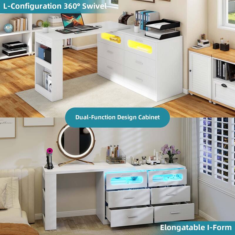 Moasis Modern L-Shaped Corner Rotating Computer Desk Dresser Desk with 6 Drawers