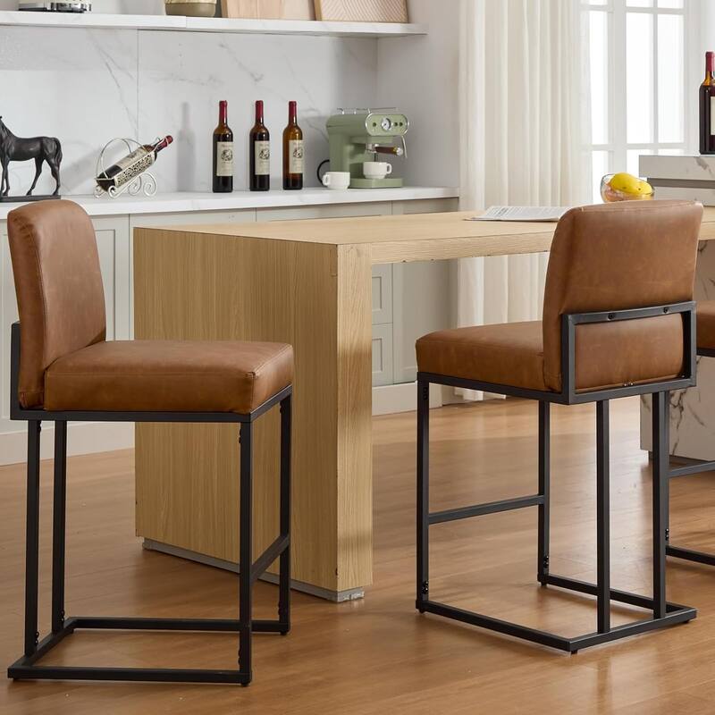 Bar Stools Set of 2, 24" Seat High Counter Height Leather Barstools - Brown
