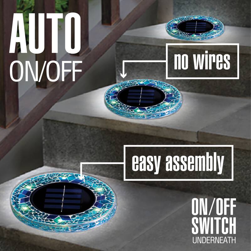 Bell + Howell 6 LED Round Blue Mosaic Solar Powered Disk Lights with Auto On/Off - 4 Pack