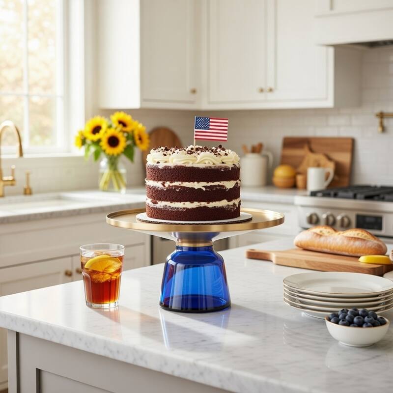 Len 30 Inch Coffee Table, Blue Blown Glass Bell Base, Funnel Top Gold Steel