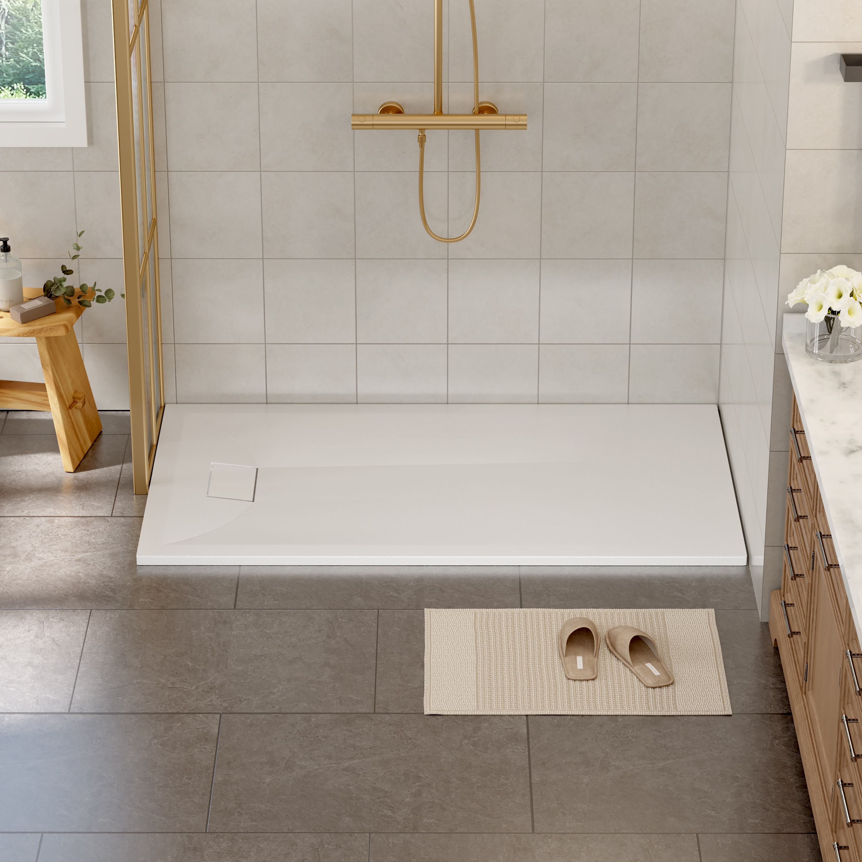 SMC Composite Alcove Curbless Shower Base Pan with Zero Threshold, Slip Resistant Flamed Rock Texture and Pre-Sloped Floor