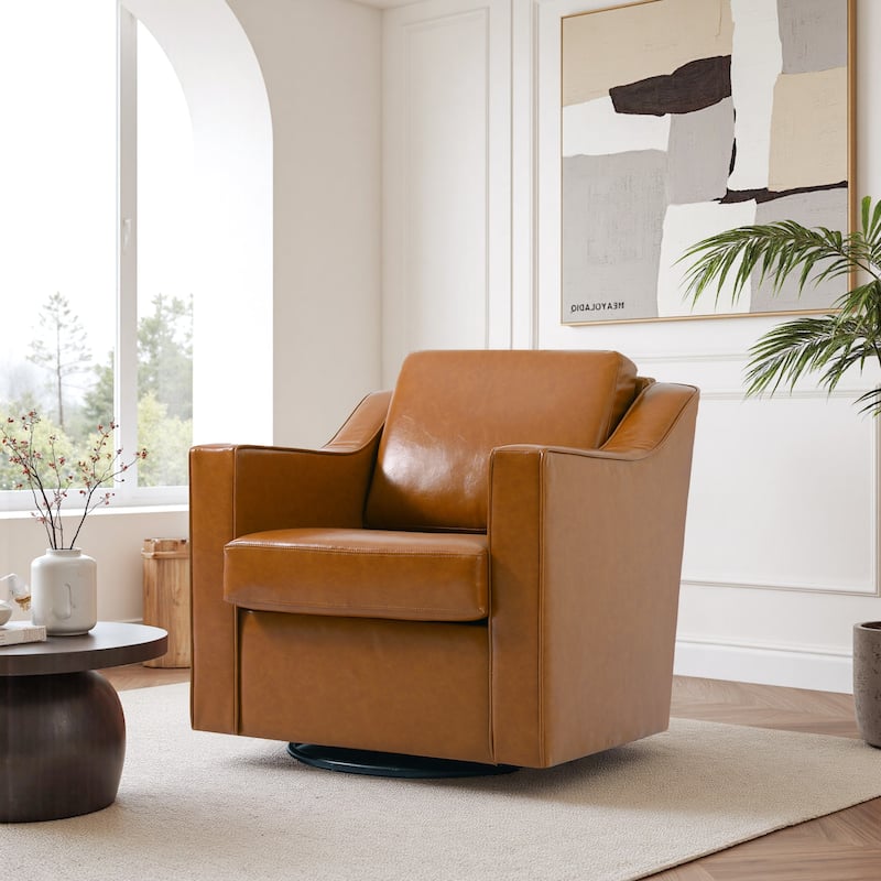 UIXE Chenille/Leather Swivel Barrel Chair Accent Chairs For Living Room - Leather - Light Brown