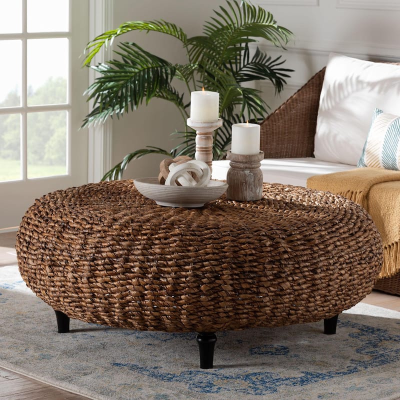 Riau Handwoven Seagrass Coffee Table with Wooden Legs - Natural Wicker Round Living Room Table for Living Room or Bedroom Décor