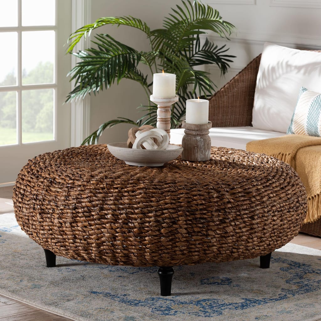 Riau Handwoven Seagrass Coffee Table with Wooden Legs - Natural Wicker Round Living Room Table for Living Room or Bedroom Décor