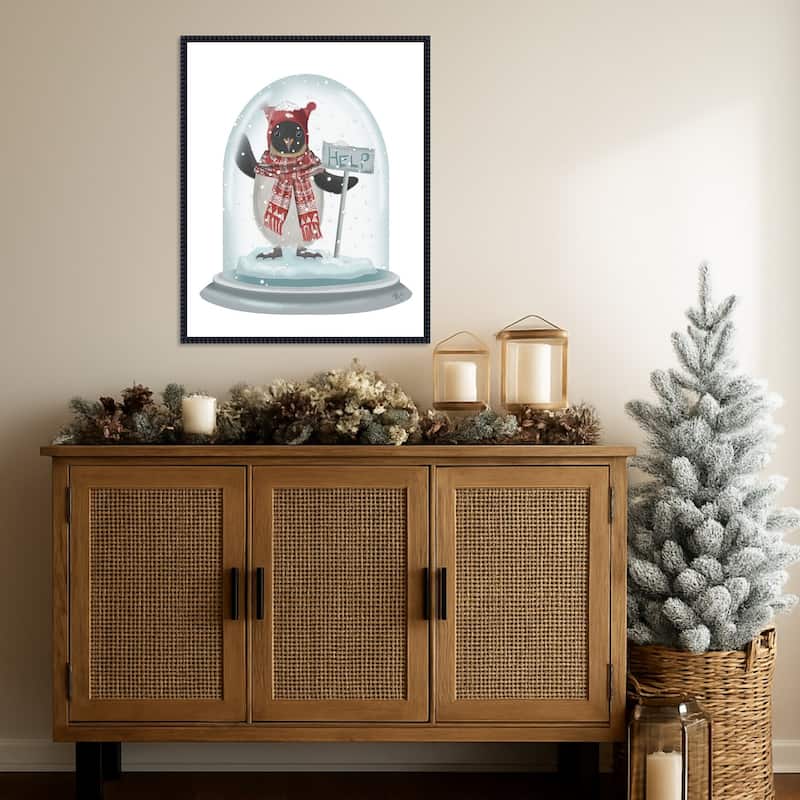 Christmas Penguin Snow Globe by Fab Funky (23 x 28 in.), Framed Canvas Wall Art Print - Sylvie Beaded Black