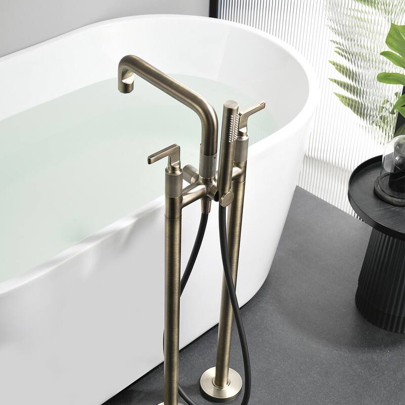 33" H Solid Brass Floor Mounted Freestanding Tub Faucet with Hand Shower and Diverter