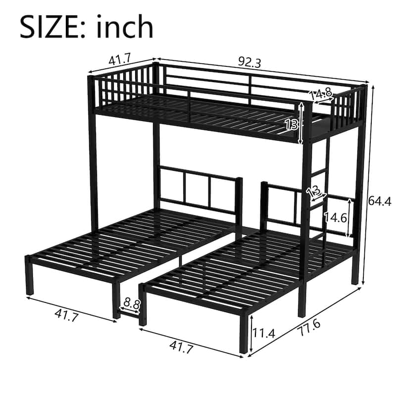 Metal Triple Bunk Bed for 3, Twin XL Over Twin & Twin, Convertible to 3 Twin Beds with Guardrails and Ladder