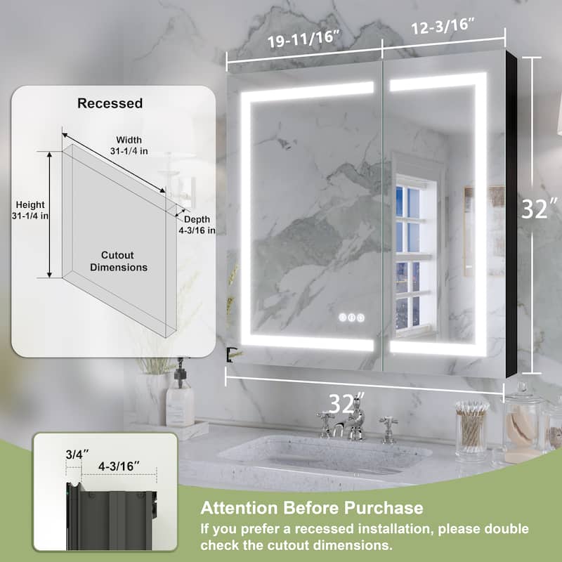 Rectangular Aluminum Recessed/Surface Mount Frameless Anti-Fog Medicine Cabinet with Dimmable LED Lights