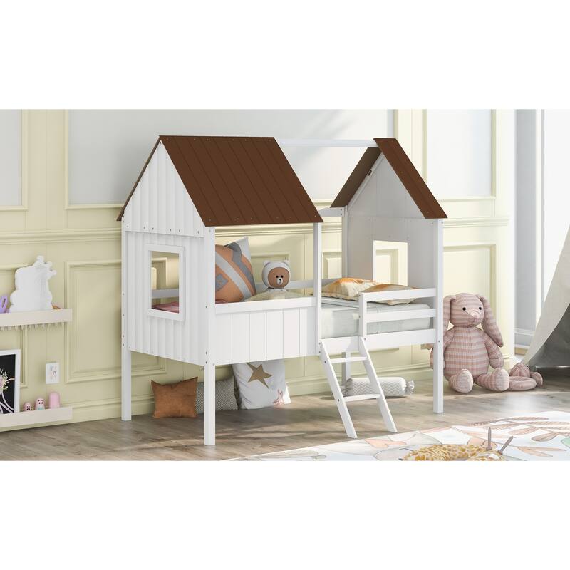 Twin Size Low Loft Wood House Bed with Two Side Windows in White and Brown