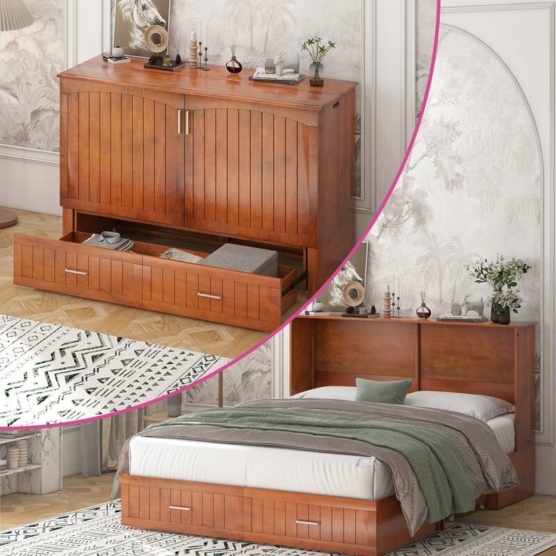 Mixoy Queen Modern Murphy Bed Cabinet with Charge Station,Mattress,Drawers