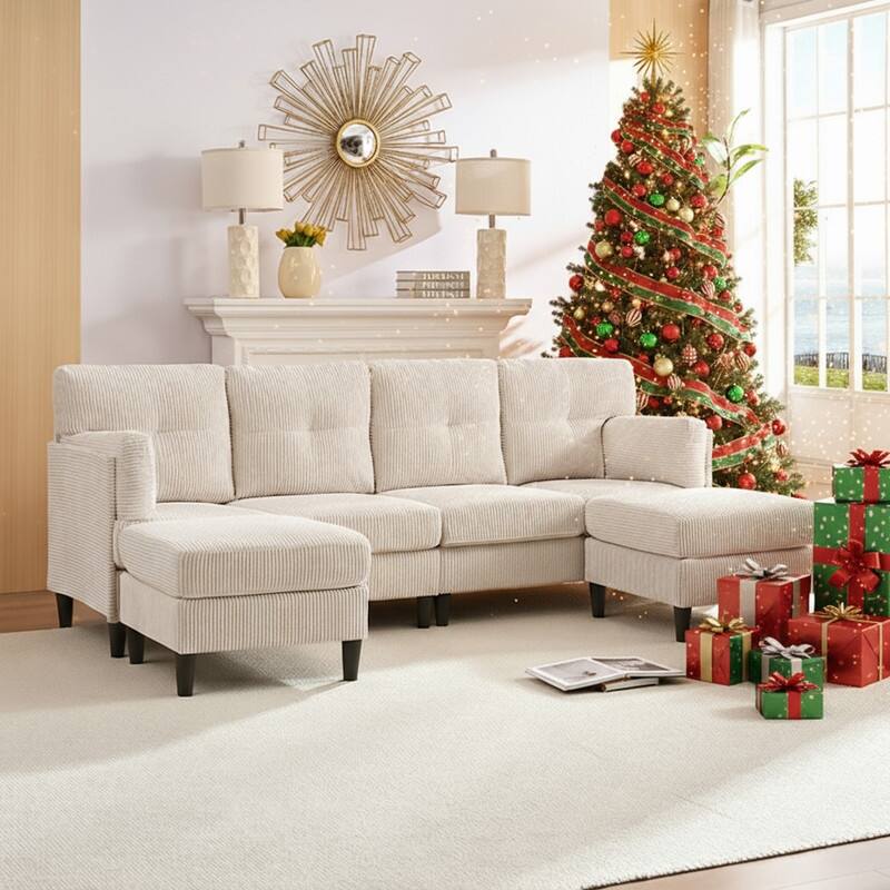 Mixoy Corduroy U-Shape Modular Convertible Sectional Sofa,Upholstered 4-Seater Sofa Couch with Movable Ottoman - U-Shape Sofa - Beige
