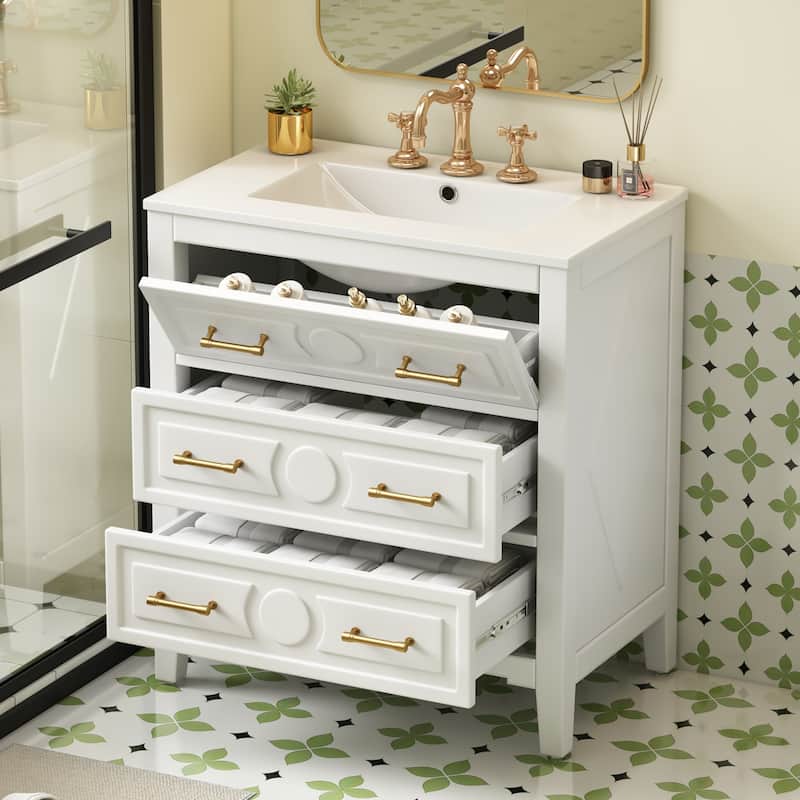 30" Bathroom Vanity with Ceramic Sink Combo, Freestanding Single Sink Bathroom Cabinet with 3 Drawers