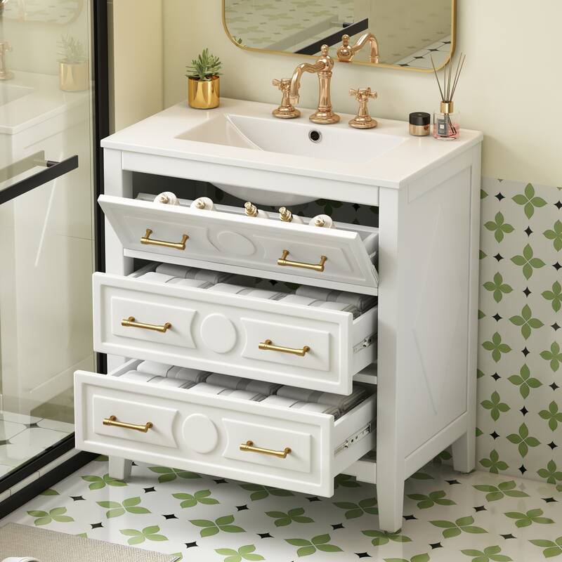 Retro 30" Bathroom Vanity Set with Ceramic Sink, Solid Wood Frame & 3 Drawers for Bathroom Storage