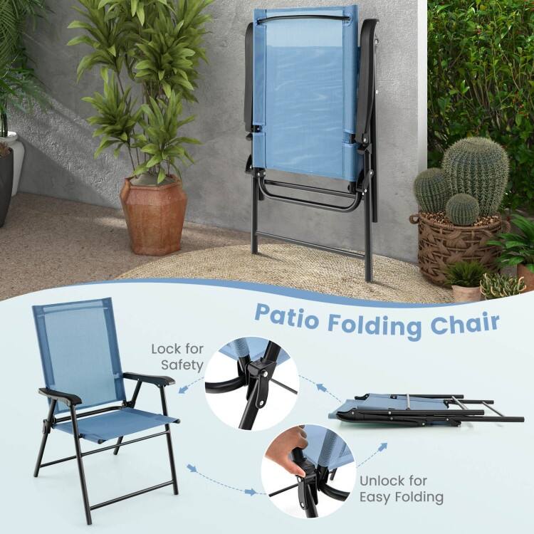 2 Set of Patio Dining Chair with Armrests and Metal Frame-Blue - 25.5" x 24" x 37" (L x W x H)