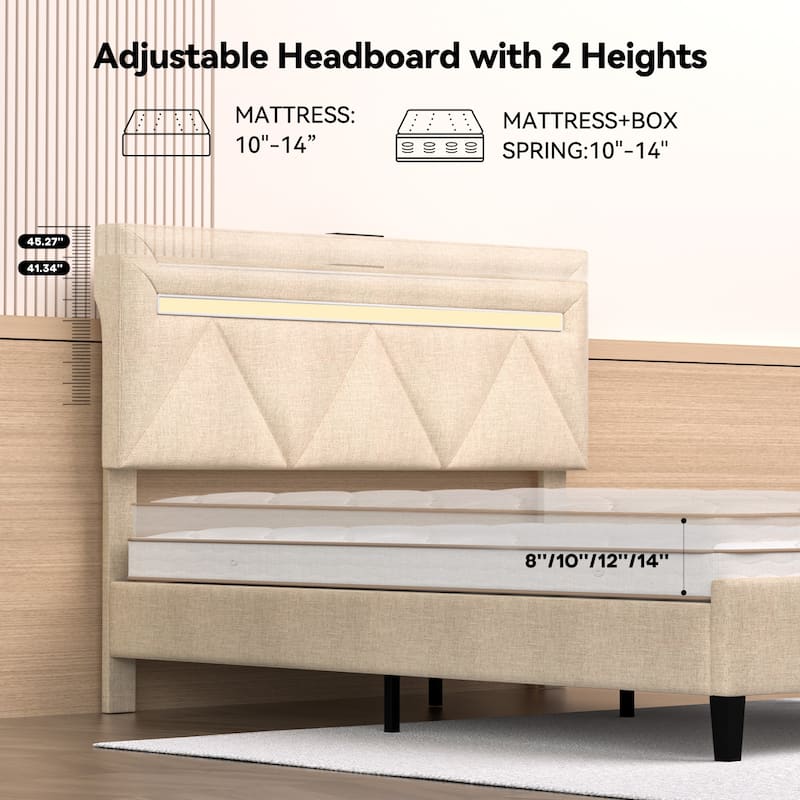 Queen Bed Frame with Headboard,Upholstered Platform Bed Frame Queen Size with Charging Station & LED Lights,Wooden Slats Support