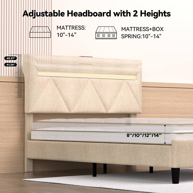 Upholstered Platform Bed Frame with Adjustable Headboard, LED Light, Charging Station, No Box Spring Needed, Wooden Slat Support