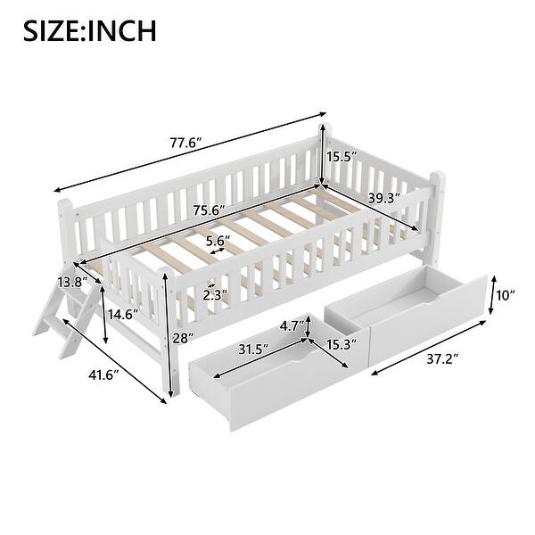 dimension image slide 1 of 2, Bedroom Wood Twin Size Platform Bed with Both Sides Guardrail and 2 Storage Drawers, Kids Bed Frame with Slats Support