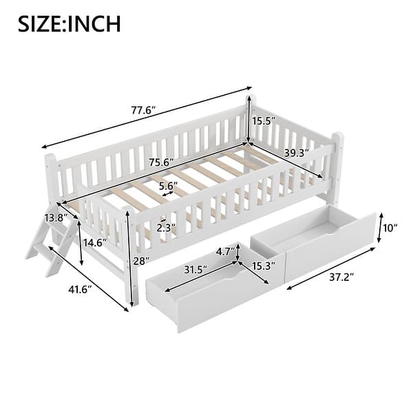 dimension image slide 1 of 2, Low Twin Platform with 2 Drawers & Guardrails for Kids Room