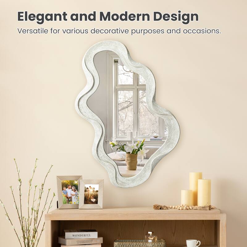 Glitzhome 31.75"H Washed White Fall Wood Frame Wavy Wall Mounted Mirror - 31.75"H x 19.75"L