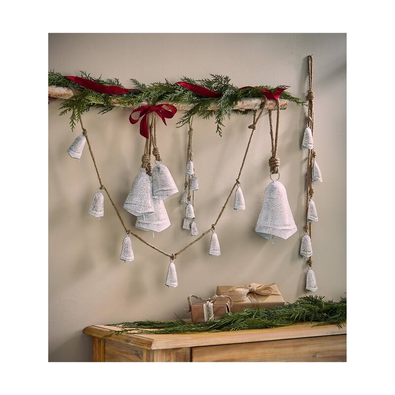 Balsam Bell and Jute Rope Cluster Decorative Bells for Christmas Antique White Iron 12 in H x 1.5 in L x 1 in W