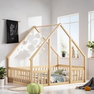 Kids Furniture Full Size Wood House-Shaped Floor Bed Kids Bed with Fence and Guardrails, Natural
