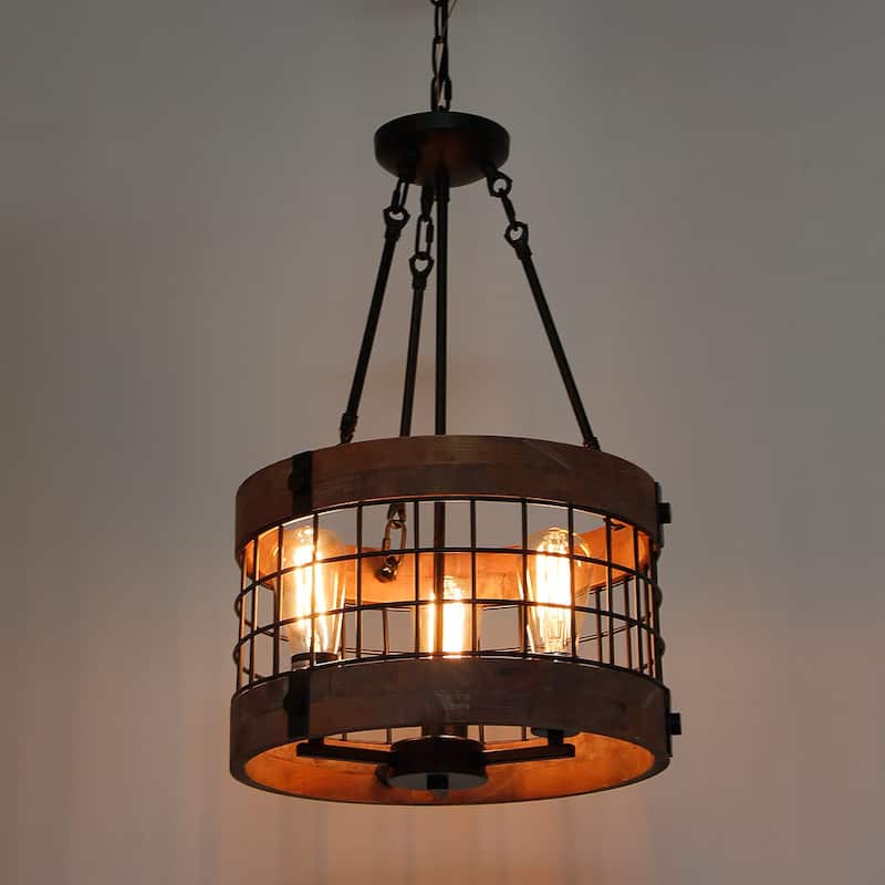 Anmytek Modern Farmhouse 3-Light Wood Drum Chandelier Round Metal Pendant Lights for Dining Room - 14" D x 24" H