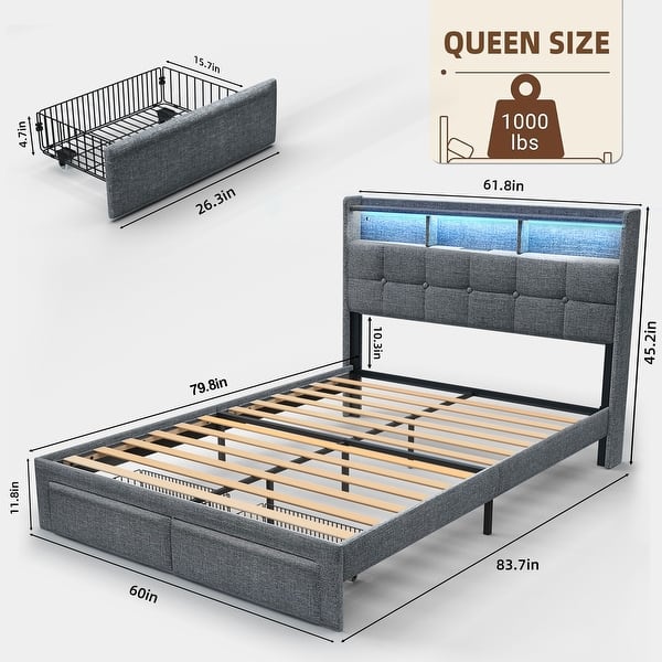 Queen Upholstered Platform Bed with LED Lights Storage Headboard Charging Ports