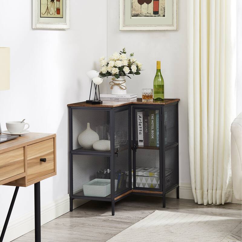 VECELO L-Shaped 3-Tier Corner Cabinet 29.4" End Table with Mesh Doors and Storage Shelves 90° Angle Design Free-Standing Table