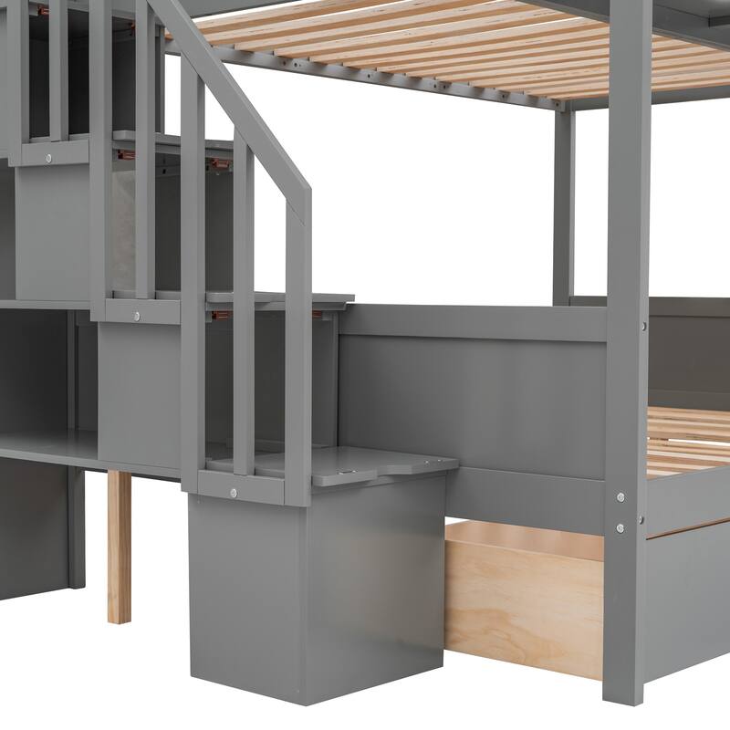 Twin over Full Size Bunk Platform Bed Frame with Storage Staircase, 2 Drawers and Shelves for Maximized Space, Bedrooms