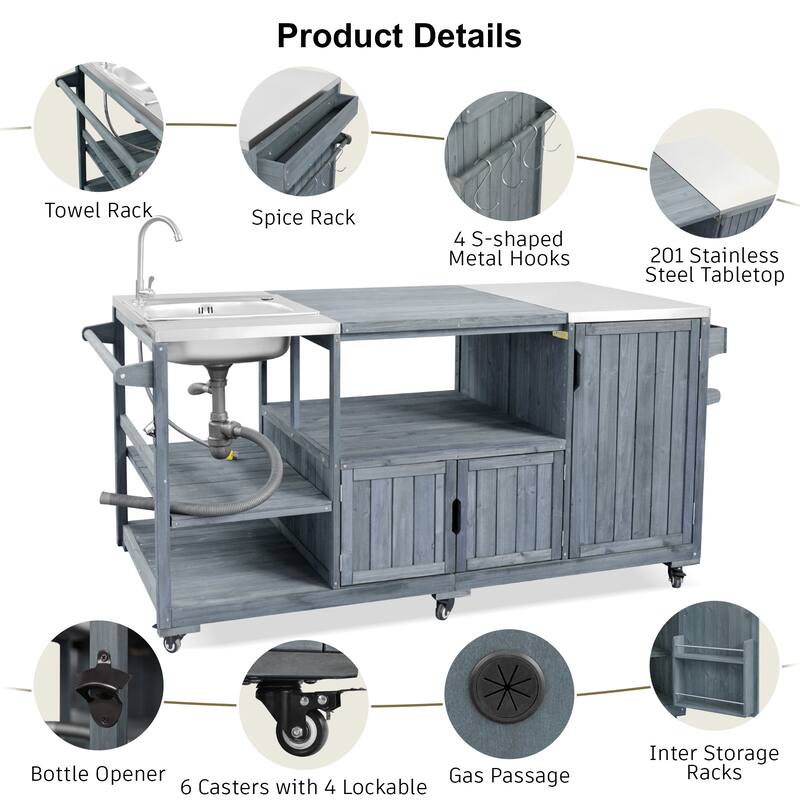 75.4"Kitchen Island Grill Cart with Sink & Stainless Steel Top, Solid Wood Rolling BBQ Cart for XL Green Egg, Pizza Prep Station