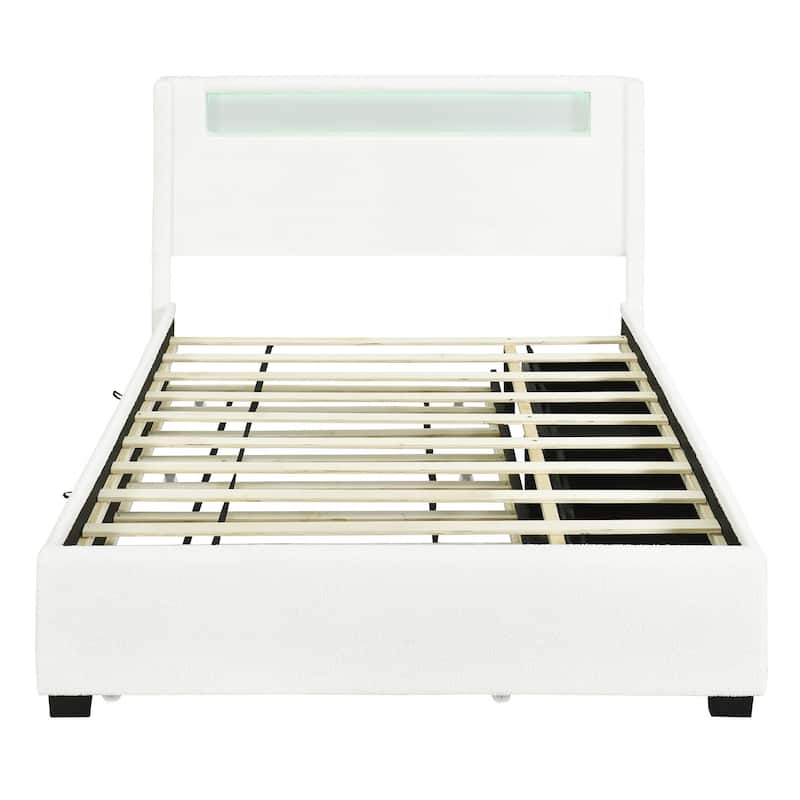 HomeRoots White Tufted Boucle Lighted Full Bed Frame With Trundle And USB And Drawers
