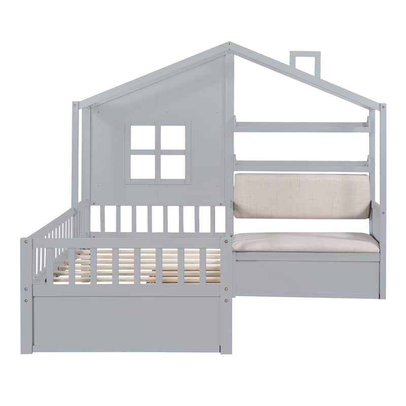 Wood House Bed Frame Side Linen Upholstered Sofa, Under Bed 2 Pull-out Storage Drawers, Pitched Roof Platform Bed
