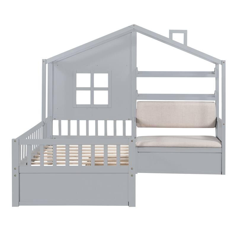 Twin Size House Bed for Kids with Linen Sofa, Storage Drawers, and Shelf, Playhouse Design, White/Grey